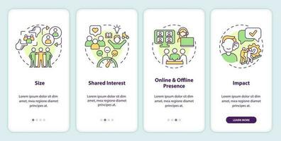 Micro community characteristics onboarding mobile app screen. Walkthrough 4 steps editable graphic instructions with linear concepts. UI, UX, GUI template vector