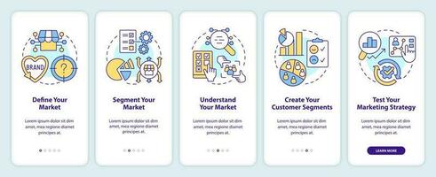 Get started with segmentation onboarding mobile app screen. Walkthrough 5 steps editable graphic instructions with linear concepts. UI, UX, GUI template vector