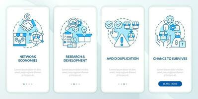 Pros of mergers blue onboarding mobile app screen. Chance to survive walkthrough 4 steps editable graphic instructions with linear concepts. UI, UX, GUI template vector