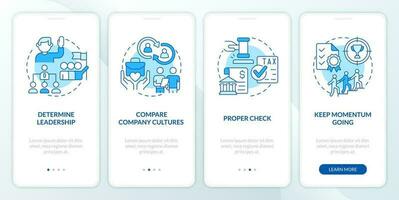 Small business merger guide blue onboarding mobile app screen. Walkthrough 4 steps editable graphic instructions with linear concepts. UI, UX, GUI template vector