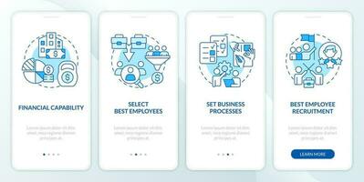 Bring company teams together blue onboarding mobile app screen. Walkthrough 4 steps editable graphic instructions with linear concepts. UI, UX, GUI template vector