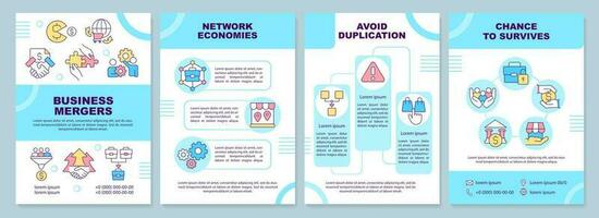 Business mergers cyan brochure template. Network economies. Leaflet design with linear icons. Editable 4 vector layouts for presentation, annual reports