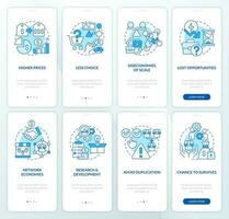 Merge and acquire companies blue onboarding mobile app screen set. Walkthrough 4 steps editable graphic instructions with linear concepts. UI, UX, GUI template vector