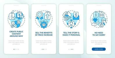 Raise prices and retain customers blue onboarding mobile app screen. Walkthrough 4 steps editable graphic instructions with linear concepts. UI, UX, GUI template vector