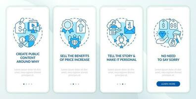 aumento precios y conservar clientes azul inducción móvil aplicación pantalla. recorrido 4 4 pasos editable gráfico instrucciones con lineal conceptos. ui, ux, gui modelo vector