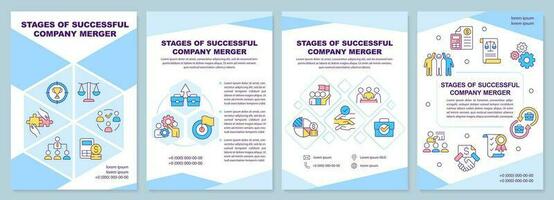 Stages of successful company merger blue brochure template. Leaflet design with linear icons. Editable 4 vector layouts for presentation, annual reports