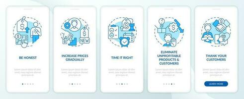 Tactics for raising prices blue onboarding mobile app screen. Walkthrough 5 steps editable graphic instructions with linear concepts. UI, UX, GUI template vector