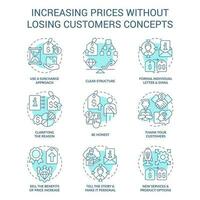 Increasing prices without losing customers blue concept icons set. Commercial strategy idea thin line color illustrations. Isolated symbols. Editable stroke vector