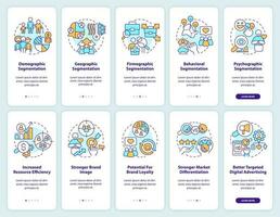 Market segmentation onboarding mobile app screen set. Walkthrough 5 steps editable graphic instructions with linear concepts. UI, UX, GUI template vector