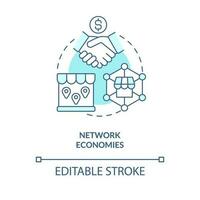 Network economies turquoise concept icon. Advantage of mergers abstract idea thin line illustration. Retail chains. Isolated outline drawing. Editable stroke vector