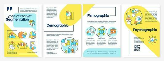 Types of market segmentation yellow and blue brochure template. Leaflet design with linear icons. Editable 4 vector layouts for presentation, annual reports