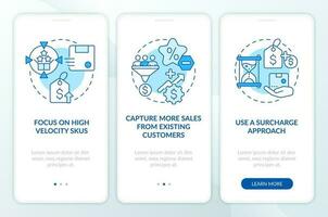 Strategies for raising prices blue onboarding mobile app screen. Walkthrough 3 steps editable graphic instructions with linear concepts. UI, UX, GUI template vector