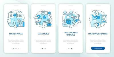 Cons of mergers blue onboarding mobile app screen. Less choice walkthrough 4 steps editable graphic instructions with linear concepts. UI, UX, GUI template vector