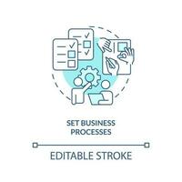 Set business processes turquoise concept icon. Merge company team effectively abstract idea thin line illustration. Isolated outline drawing. Editable stroke vector