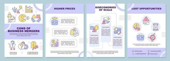 Cons of business mergers purple brochure template. High prices. Leaflet design with linear icons. Editable 4 vector layouts for presentation, annual reports