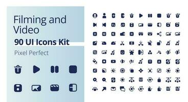 Video production black pixel perfect solid ui icons pack. Filmmaking software. Footage settings. Silhouette symbols on white space. Glyph pictograms set for web, mobile. Isolated vector images