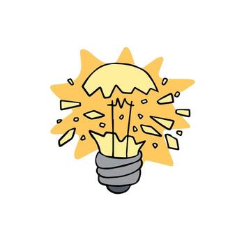 Burst light bulb. Crack in lightbulb. Sketch Shards of glass. Concept of idea and solution of problem. Doodle drawn Electric light. vector