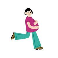 Pregnant woman hold her stomach. Modern character run with big belly. Pregnancy and motherhood. Flat cartoon illustration vector