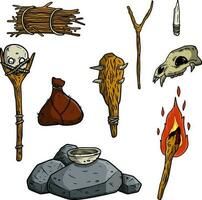 Set of items of primitive man and hunter. Weapons of caveman. Stone age club, fire and animal skull. Totem and wand of shaman. Lifestyle and tool. Cartoon illustration vector