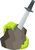 Legendary Excalibur. Knight and king Arthur test element. Medieval weapons and rock. Cartoon flat illustration. Sword in stone with green moss. English mythology and fairy tale vector