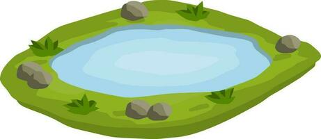 Pond and swamp, lake. Flat cartoon. Background for illustration. Landscape with grass, stones and bush. Element of nature and forest and water. Platform and ground vector