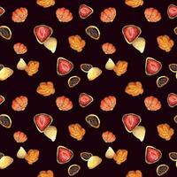 Watercolor seamless pattern with hand drawn traditional Japanese sweets. Wagashi, mochi, autumn maple leaves Isolated on color background. Invitations, restaurant menu, greeting cards, print, textile vector