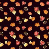 Watercolor seamless pattern with hand drawn traditional Japanese sweets. Wagashi, mochi, autumn maple leaves Isolated on color background. Invitations, restaurant menu, greeting cards, print, textile vector