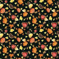 Watercolor seamless pattern with hand drawn traditional Japanese sweets. Wagashi, mochi, autumn maple leaves Isolated on color background. Invitations, restaurant menu, greeting cards, print, textile vector