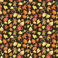 Watercolor seamless pattern with hand drawn traditional Japanese sweets. Wagashi, mochi, autumn maple leaves Isolated on color background. Invitations, restaurant menu, greeting cards, print, textile vector