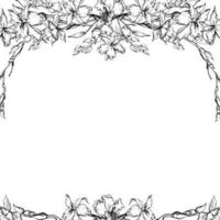 Hand drawn vector ink orchid flowers and branches, monochrome, detailed outline. Square frame composition. Isolated on white background. Design for wall art, wedding, print, tattoo, cover, card.