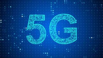 5G, fifth generation made of glowing circuit board with moving electrons on blue cyberspace background. Blue circuits and electronics. Concept of new technology, mobile internet and 5G network. video