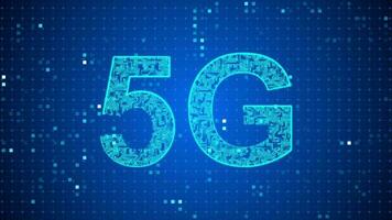 5G, fifth generation made of glowing circuit board with moving electrons on blue cyberspace background. Blue circuits and electronics. Concept of new technology, mobile internet and 5G network. video