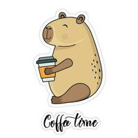 Capybara is holding a cup of coffee. Isolated on a white background. Vector sticker illustration.