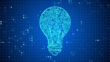 Light bulb made of glowing circuit board with moving electrons on blue cyberspace background. Concept of business invention or innovation, tech idea and microchip connections. video