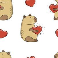 Capybara iwith big red heart. Seamless funny pattern vector