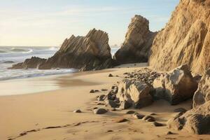 Serene beach with natural rock formations on the sandy shore photo