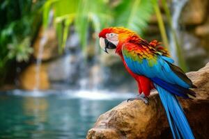 Vibrant parrot perched on a rock by a stunning waterfall photo