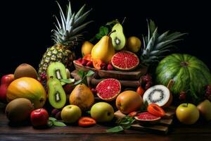 Colorful assortment of fresh fruit arranged on a rustic wooden table photo