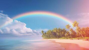 Colorful rainbow stretching over a tropical beach lined with swaying palm trees photo