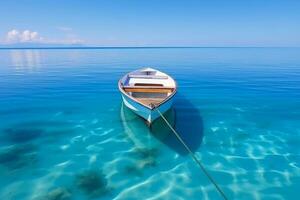 sereno agua paisaje con un pequeño barco flotante en el distancia foto