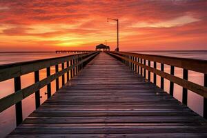 Wooden pier stretching into the ocean at sunset photo