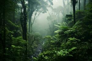 lozano y vibrante bosque con un pabellón de verde follaje foto