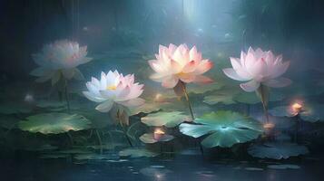 Serene pond with blooming lotus flowers in the foreground photo