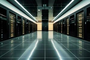 Server room filled with rows of high-tech servers photo