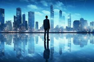 Man standing in front of a mesmerizing city skyline photo