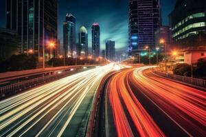 bullicioso ciudad calle a noche lleno con vibrante luces y pesado tráfico foto