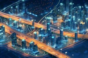 Vibrant cityscape illuminated by the night lights photo