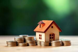 A small house placed on stack of coin with green background. Property finance investment concept photo