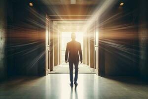 Man entering through an open doorway photo