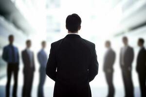 A man in a suit standing in front of a group of people photo